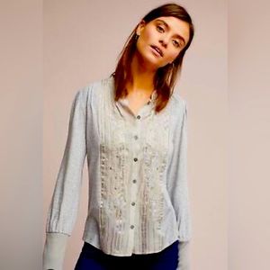 NWT Anthropologie Tiny Gray Long Sleeve Button Down Embroidered Top